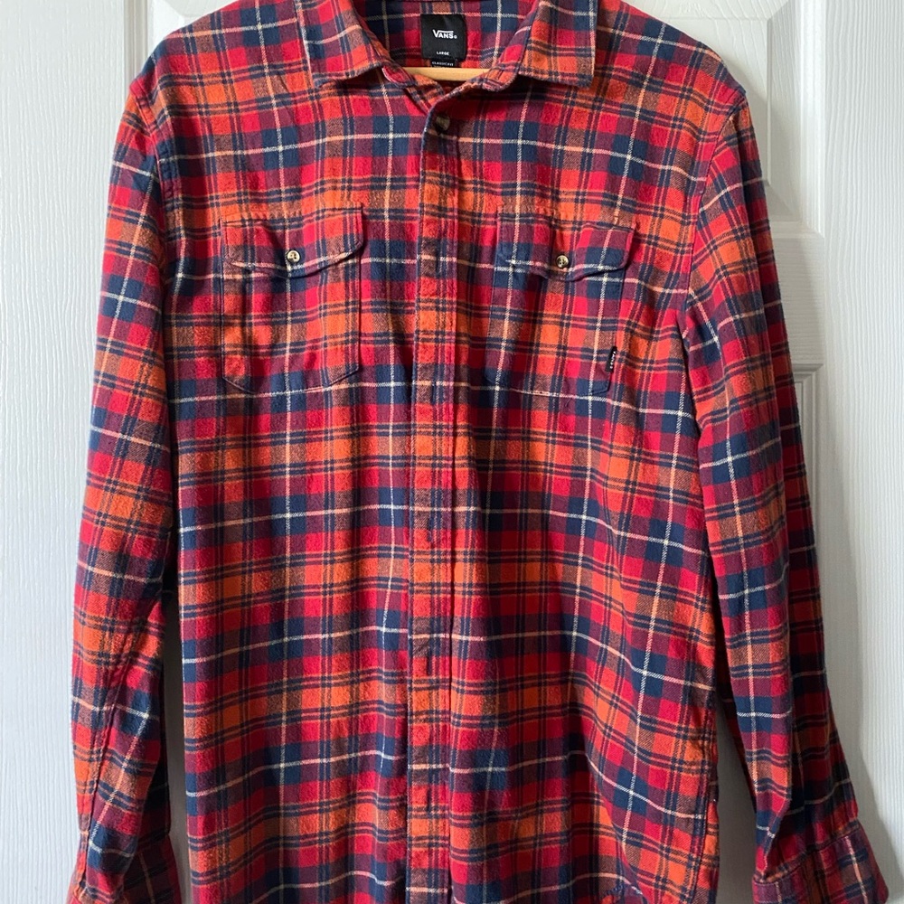 Vans Red and Navy Plaid Button‑Front Flannel Shirt